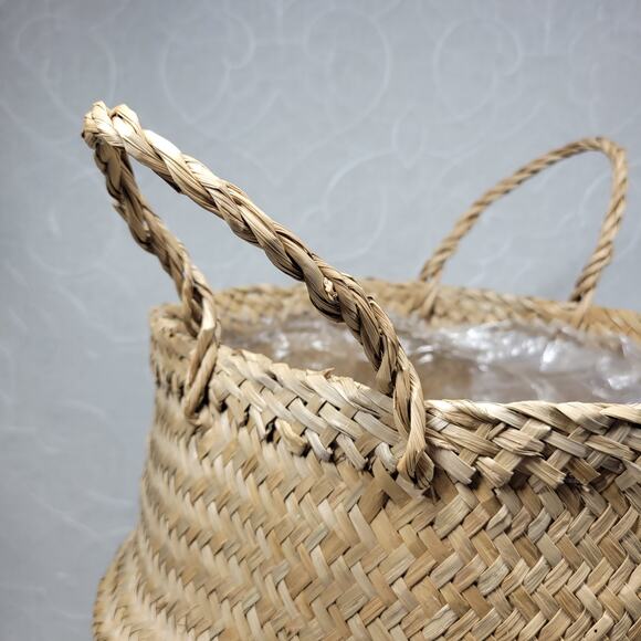 Seagrass Belly Basket 12" Tan Black Woven Wicker Home Storage Handles Lined New - Picture 5 of 16